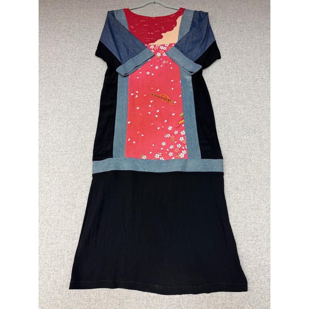 Precious Threads Maxi Dress 1 Black Red Blue Patchwork Floral Denim Art To Wear